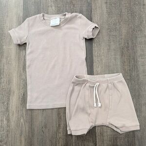 Neutral Beige Ribbed Tee & Shorts Set